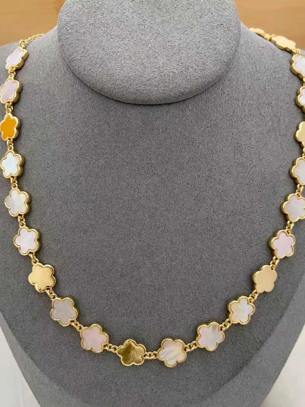 Tory Burch Gold Clover-Link Necklace with White and Cream Inlays